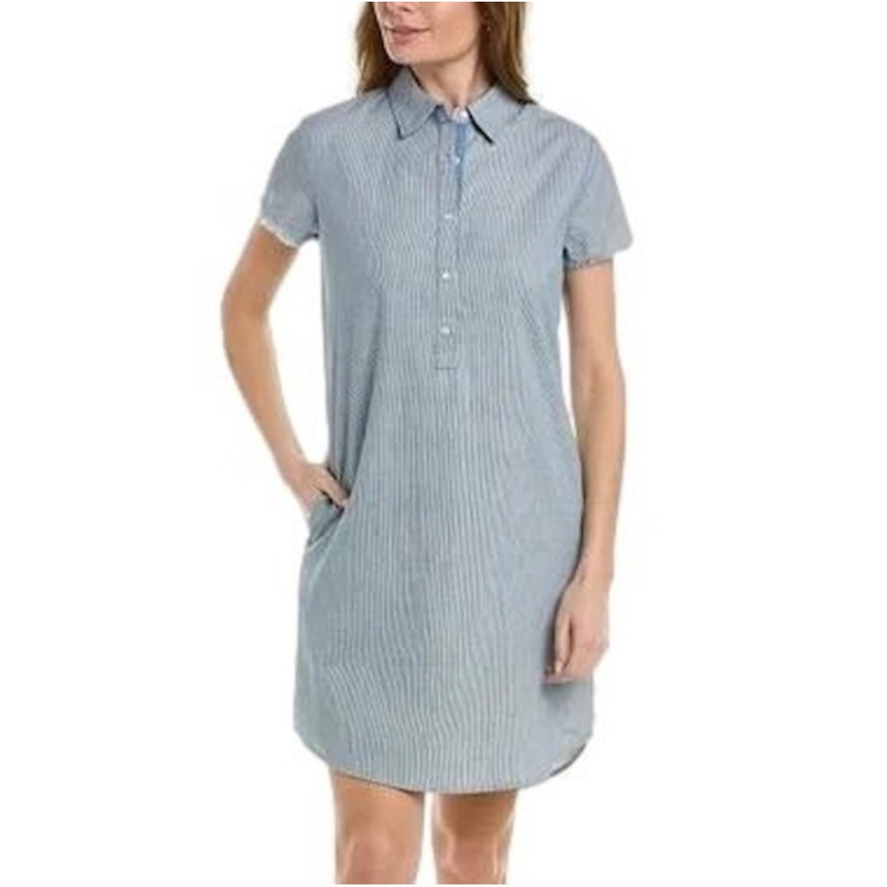 J.McLaughlin Arissa Blue White Pinstripe Cotton Shirt Dress Frayed Sleeve Small